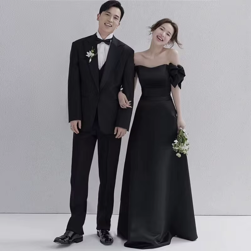 Robes de mariée en Satin noir, avec nœud doux, épaules dénudées, robe de soirée élégante, longueur a