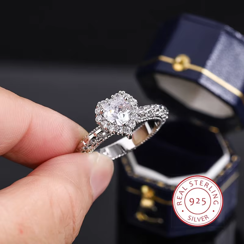 Bague en forme de coeur 925 argent plaqué 10mm AAAA Zircon bague de mariage paire bague femmes maria