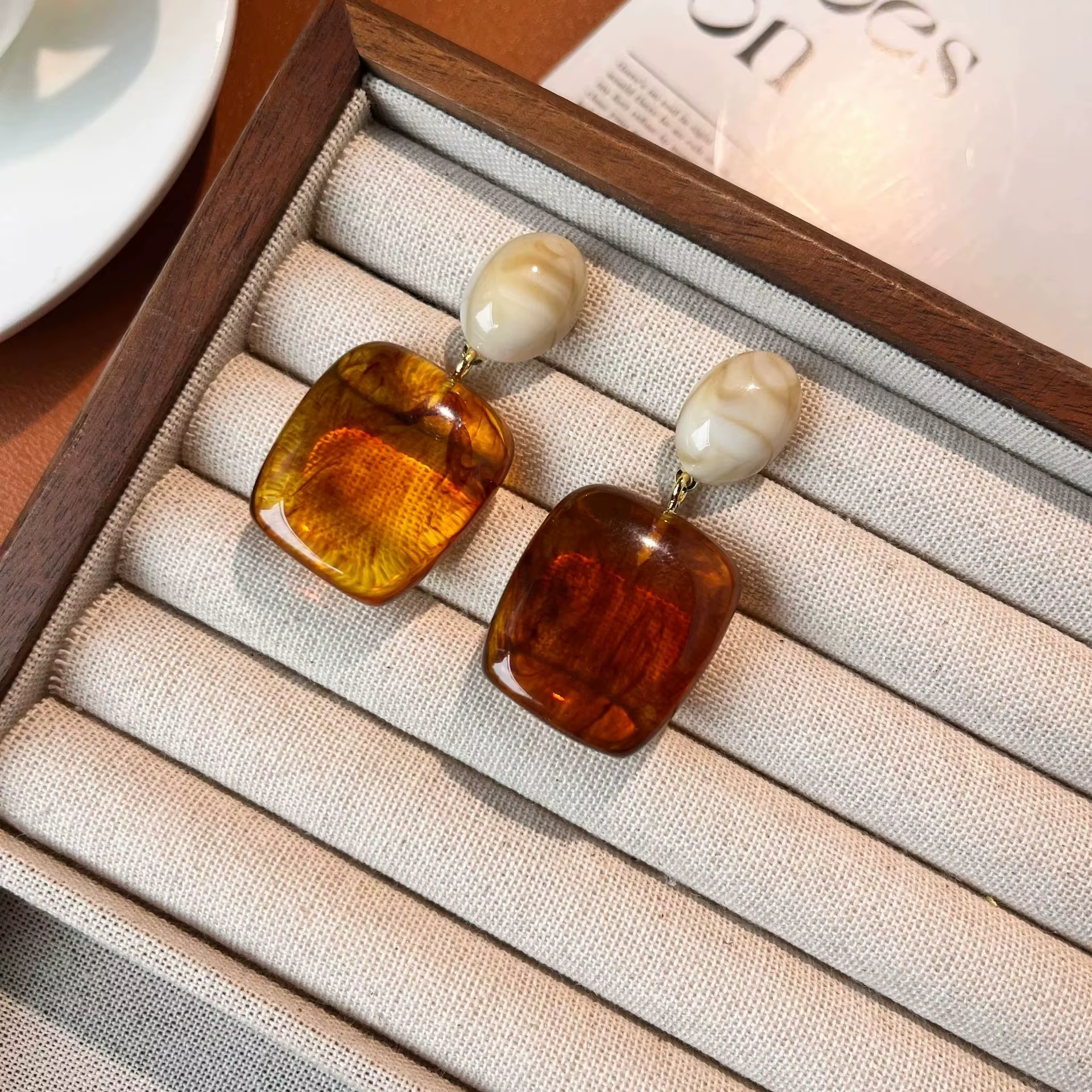 Boucles d'oreilles pendantes carrées en résine ambre vintage pour femme, bijoux marbrés effet écaill
