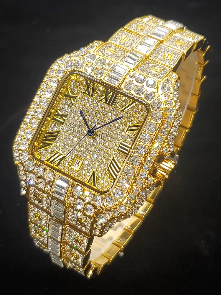 Montre en or diamant pour hommes, montre de luxe à Quartz en Zircon glacé avec calendrier à pointe b