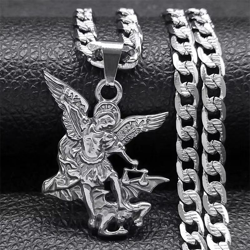 SAINT MICHAEL PROTECT US archange pendentif en acier inoxydable collier pour femmes hommes couleur o
