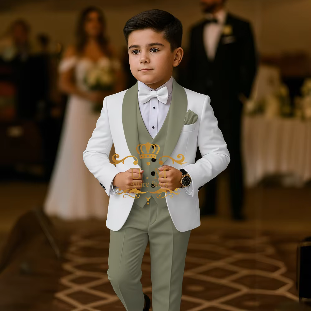 Costume de smoking blanc pour enfants, ensemble 3 pièces avec revers rouge, veste, gilet, pantalon, 