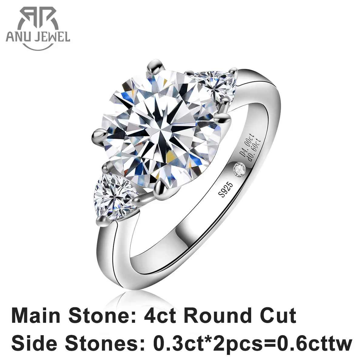 AnuJewel-Bague de fiançailles en diamant Moissanite en argent regardé 4.6, 925 carat, document D, bi