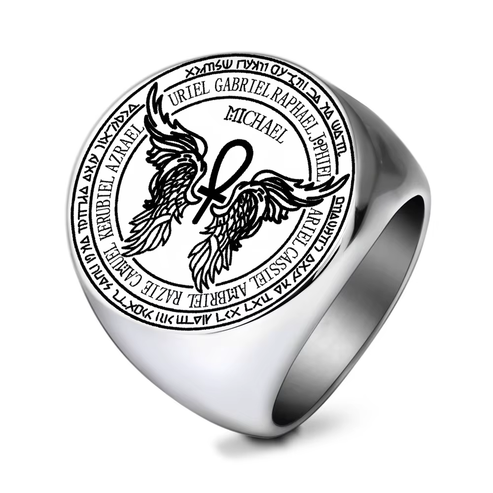 Bague Talisman Fête des Archanges 12 Anges Gardiens Médaillon Ailes Ankh Puissance de Vie Amulette M