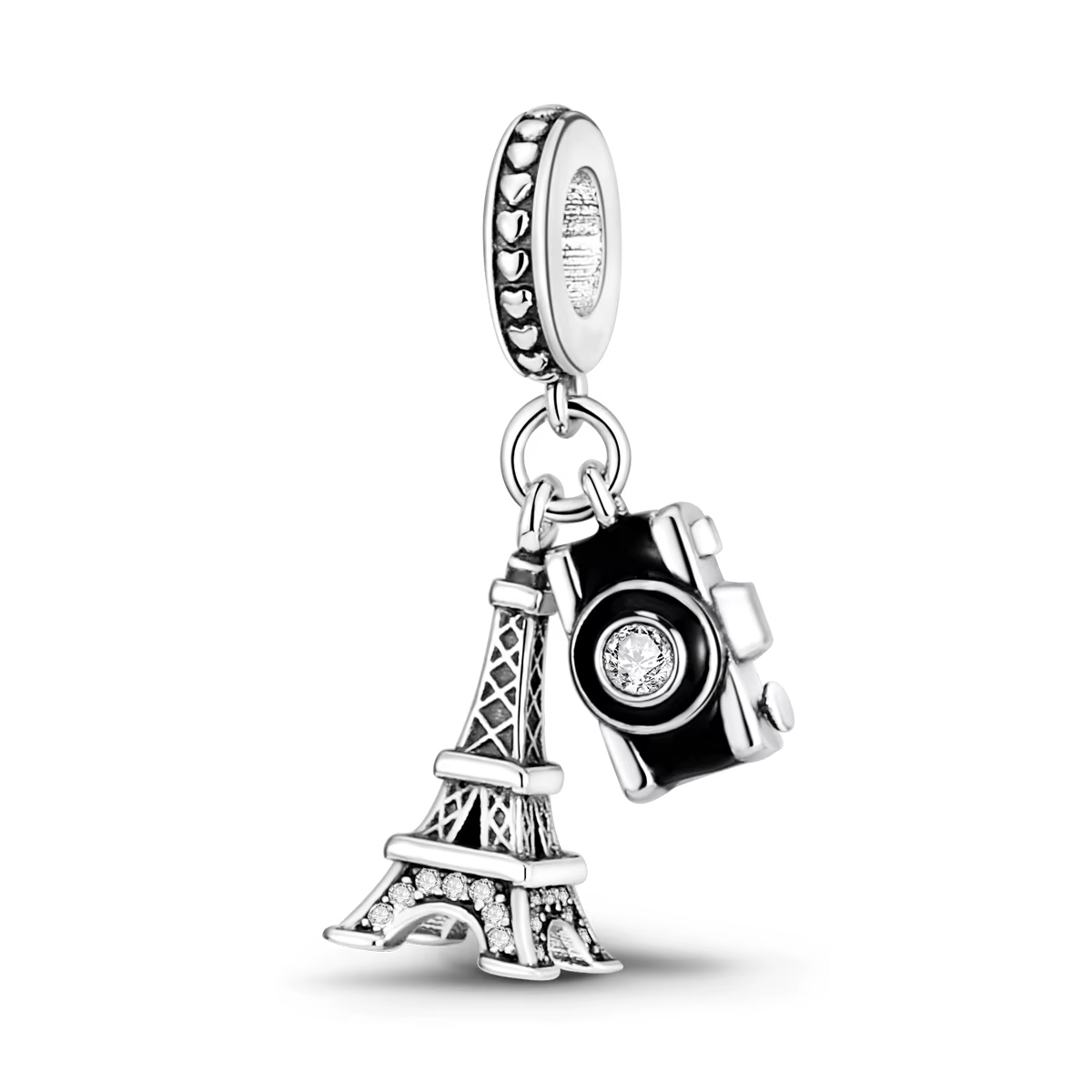 Breloque double pendentif Tour Eiffel en argent sterling 925 avec perle pavée de zirconiums cubiques