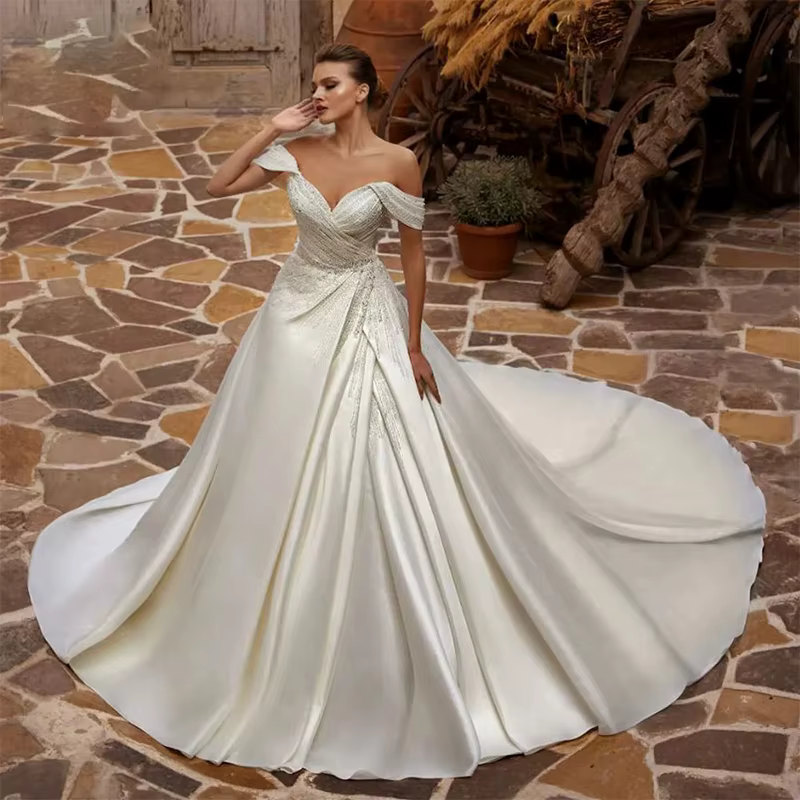 Robe De mariée Vintage en Satin avec perles, élégante, plissée, sans manches, col en v, personnalisé