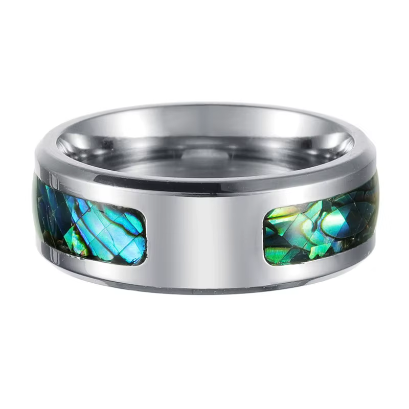 Bague incrustée de coquillages d'ormeau colorés pour hommes et femmes, bague en acier inoxydable arg