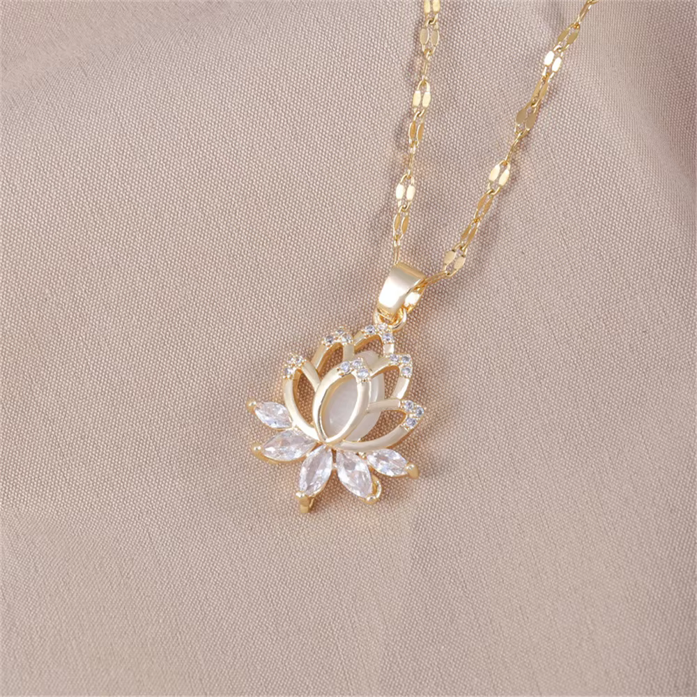 Collier de luxe en cristal de Zircon blanc pour femmes, pendentif fleur de Lotus, Vintage, couleur o