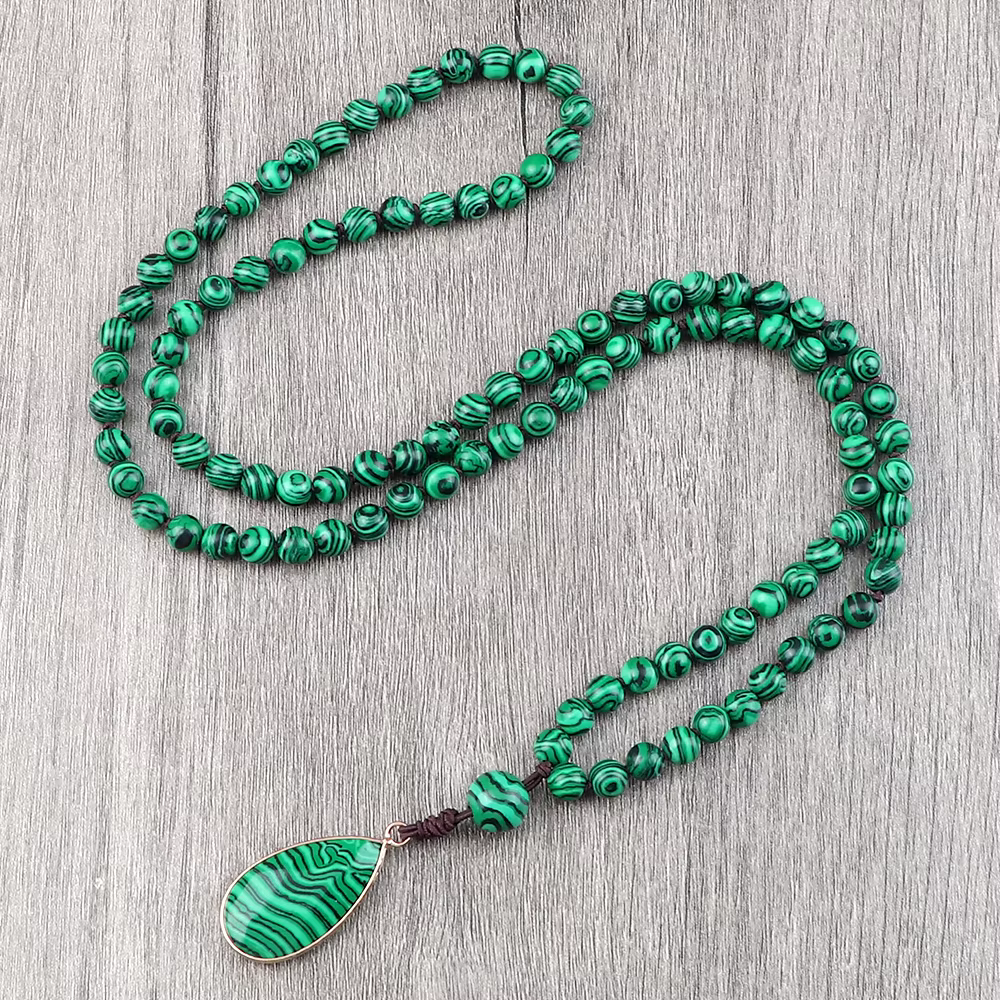 Collier noué fait à la main en malachite verte pour hommes et femmes, pendentif goutte de pierre, bi