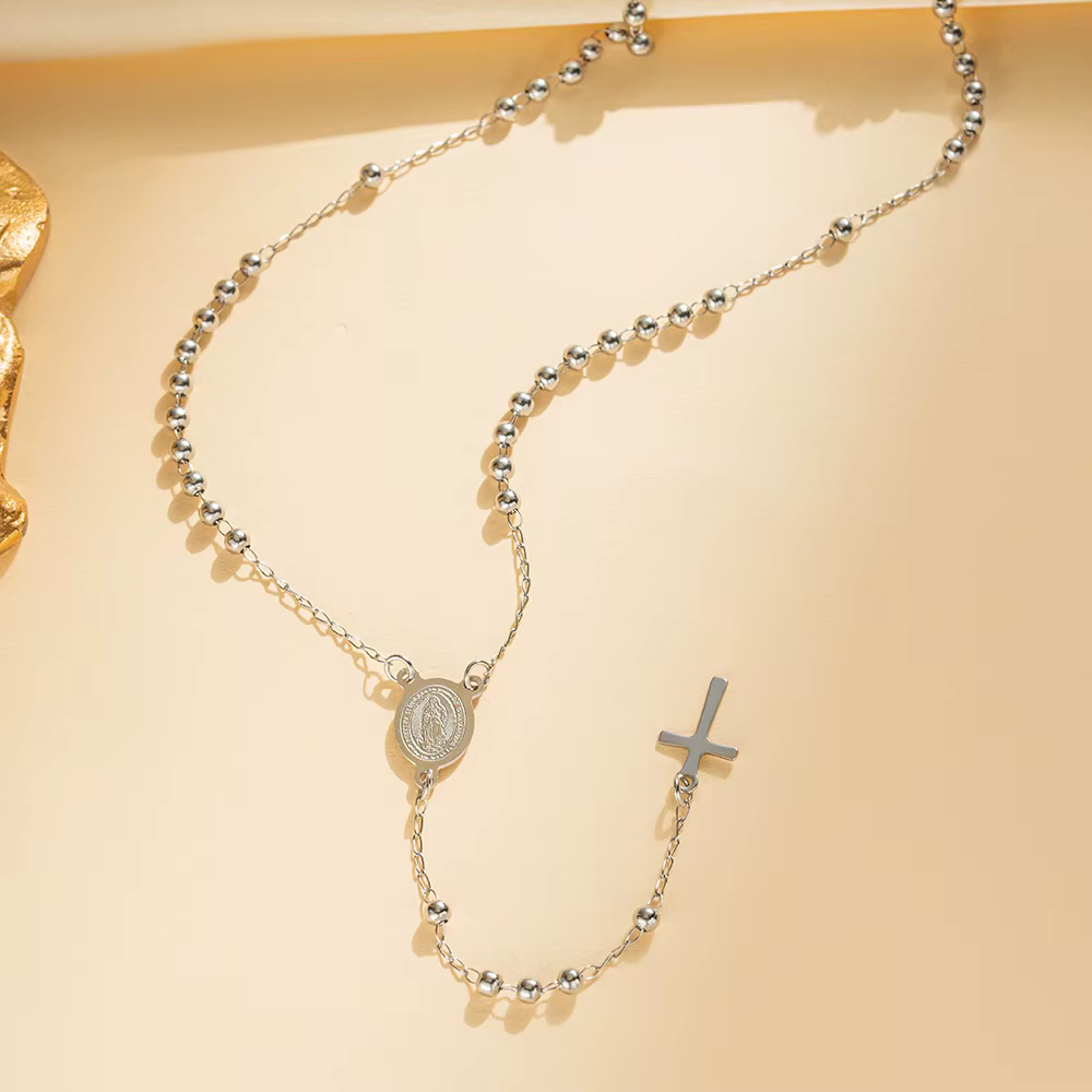 Collier chapelet de perles de prière en acier inoxydable, avec pendentif croix de jésus religieux de