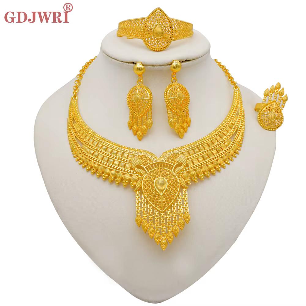 Parures de bijoux indiennes couleur or de Dubaï pour femmes, boucles d'oreilles et collier, cadeaux 