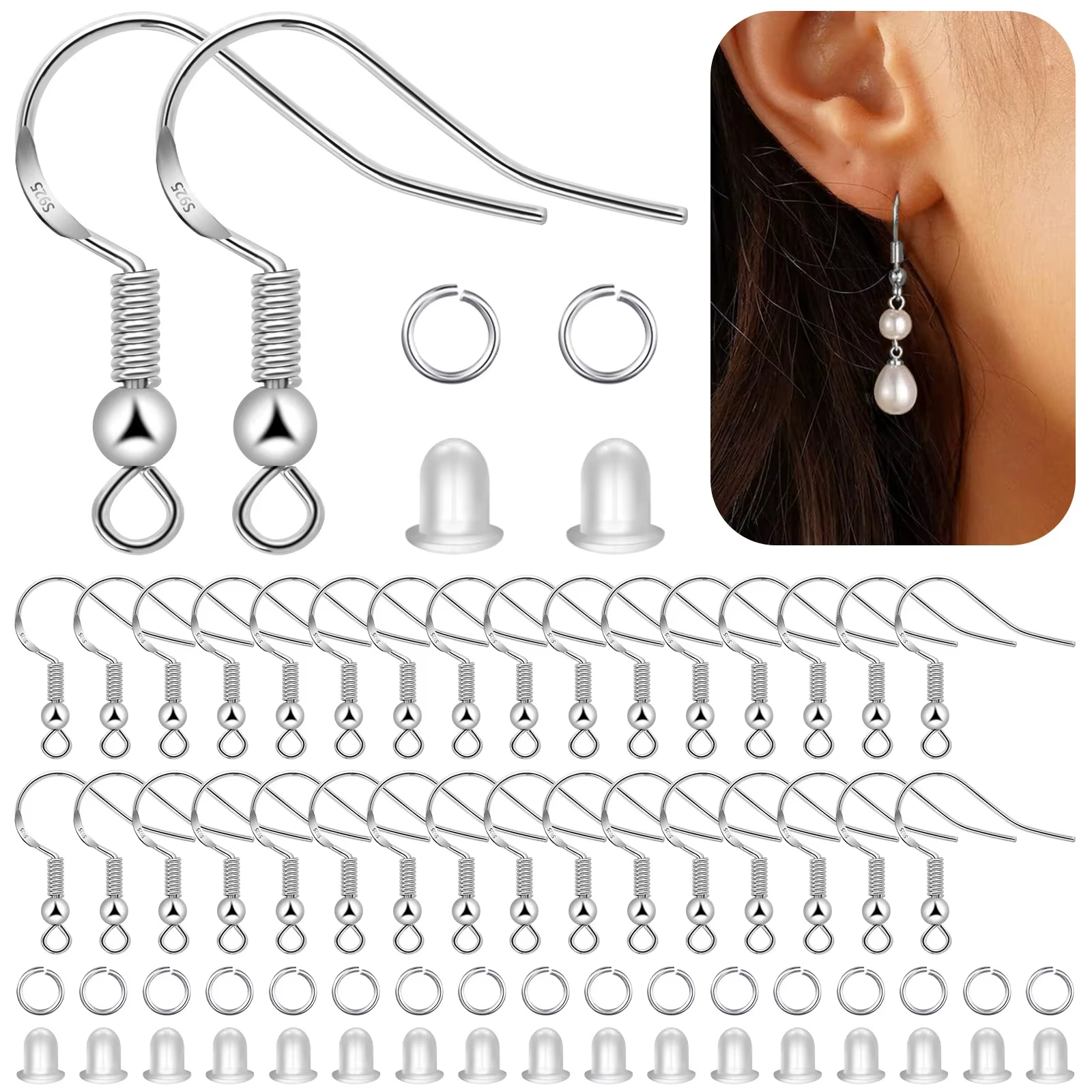 Kit de crochets d'oreille en argent 925 - 100 crochets + 150 anneaux de saut + 100 dossiers en silic