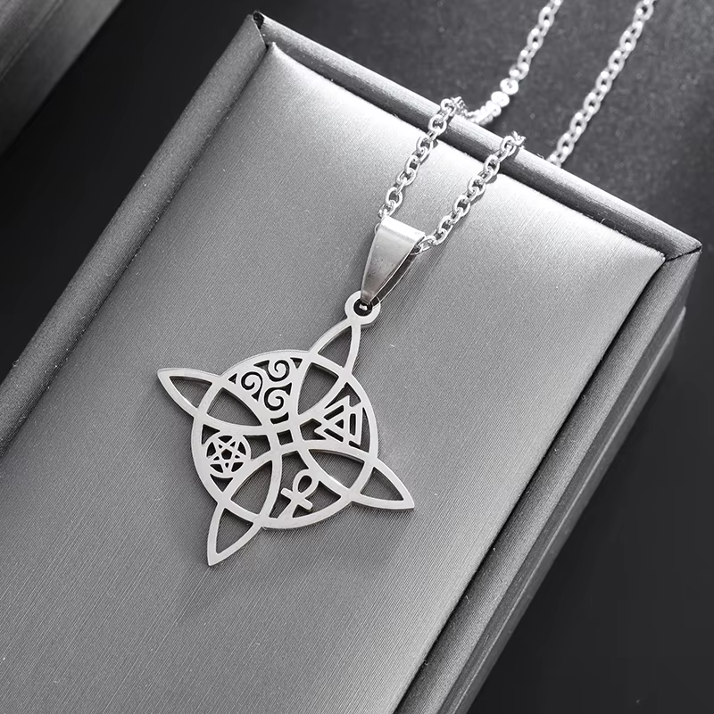 Collier nœud de sorcière de sorcellerie, pendentif Triple spirale en acier inoxydable, croix Ankh, p