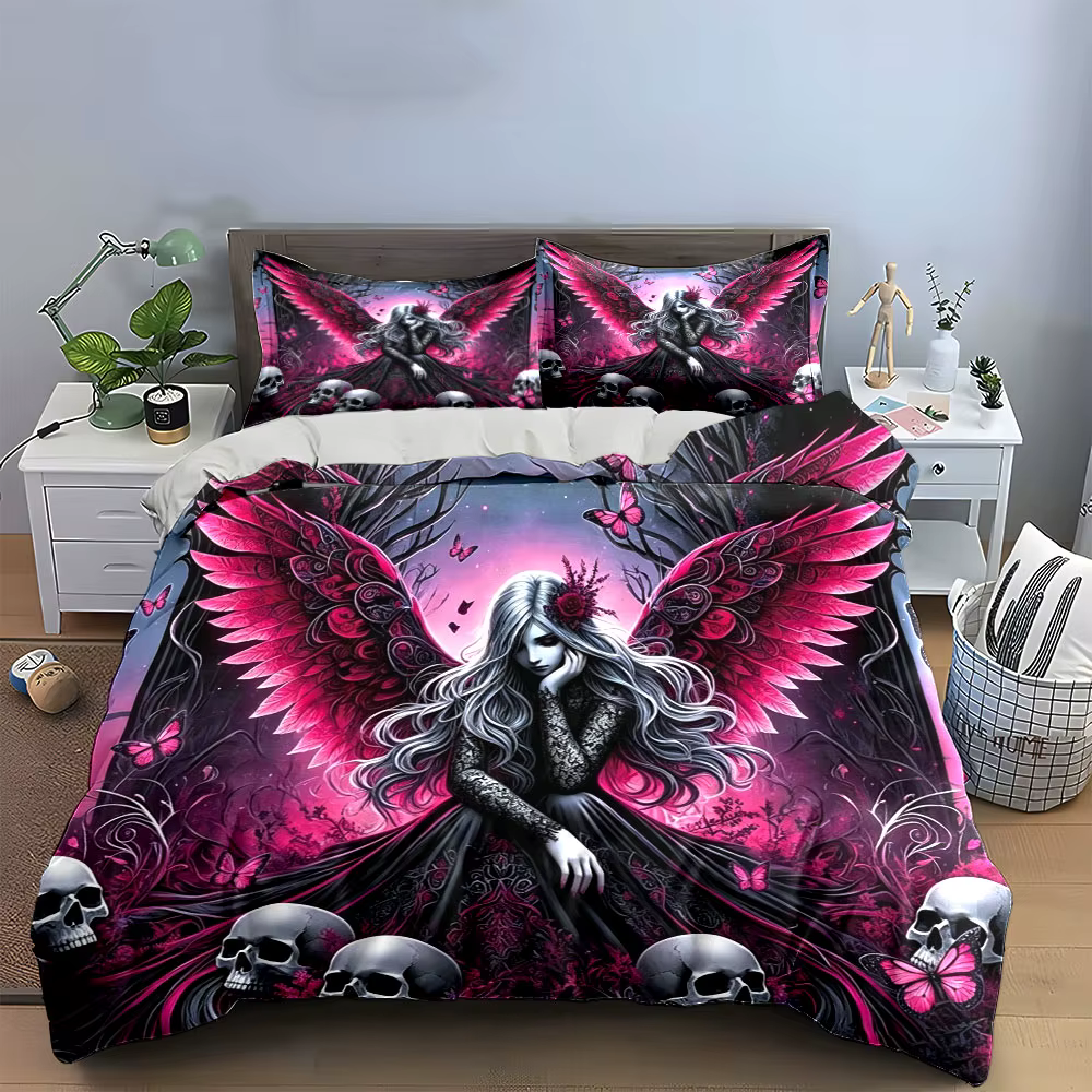 Parure de lit gothique rose avec ailes d'ange sombre, crâne et papillon, housse de couette à imprimé