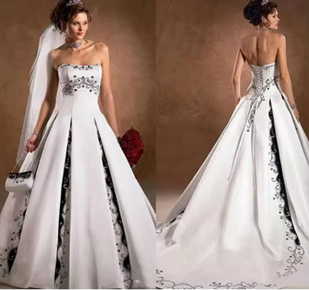 Robe de Mariée Noire et Blanche Sans Bretelles, Broderie, Corset à Lacets, Ligne A, Gothique, Person