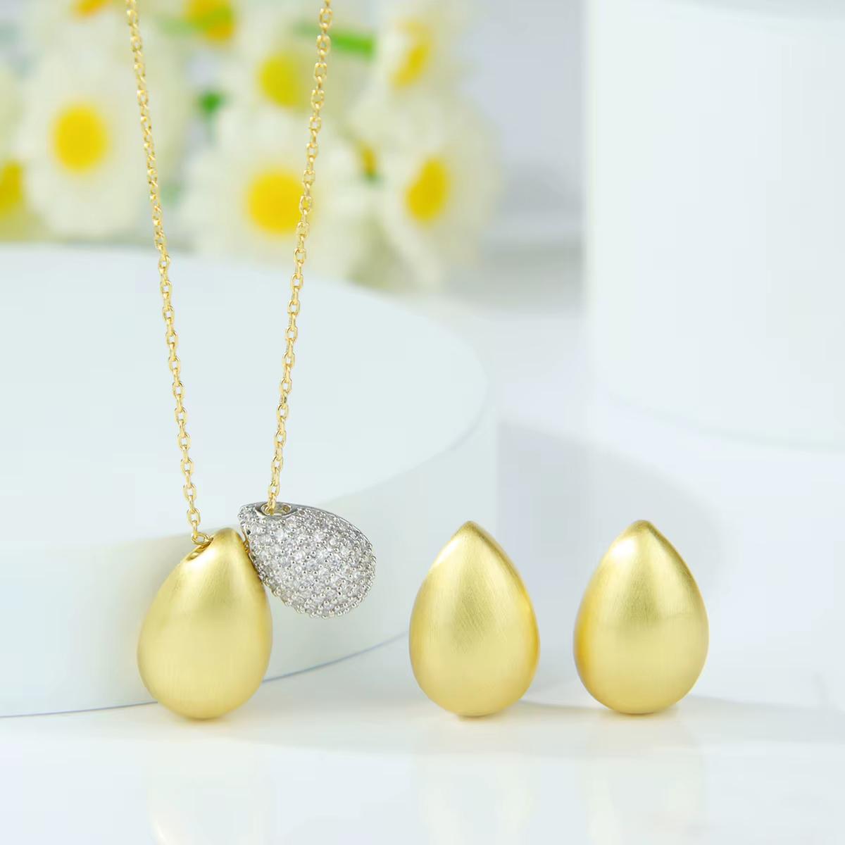 Parure de bijoux en zircone de style italien, couleur or 14 carats, collier et boucles d'oreilles es