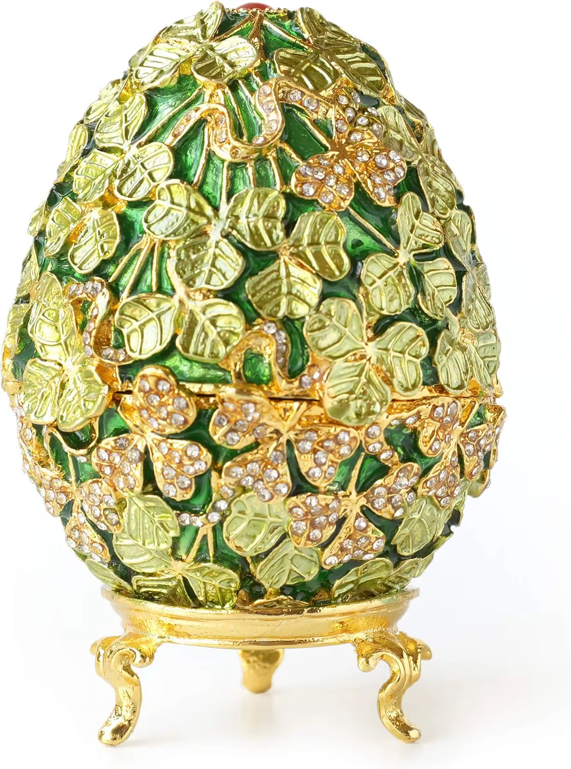 Oeufs de Faberge à feuilles dorées de style rétro peints à la main, avec riche émail et boîte à bijo