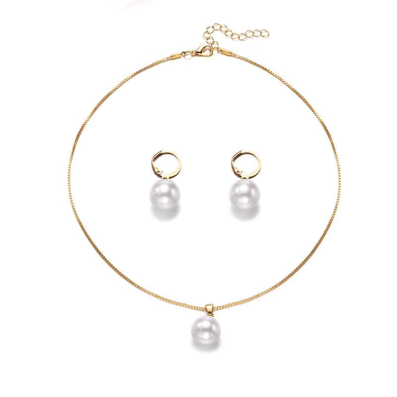 Ensemble de bijoux élégants en alliage, collier de perles rondes simples, boucles d'oreilles pendant