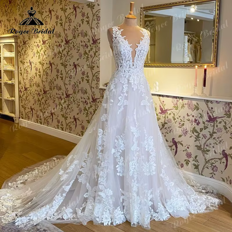 Robe de mariée 2026 sans manches, col en V, avec appliques en dentelle, dos nu, robe de soirée de ma
