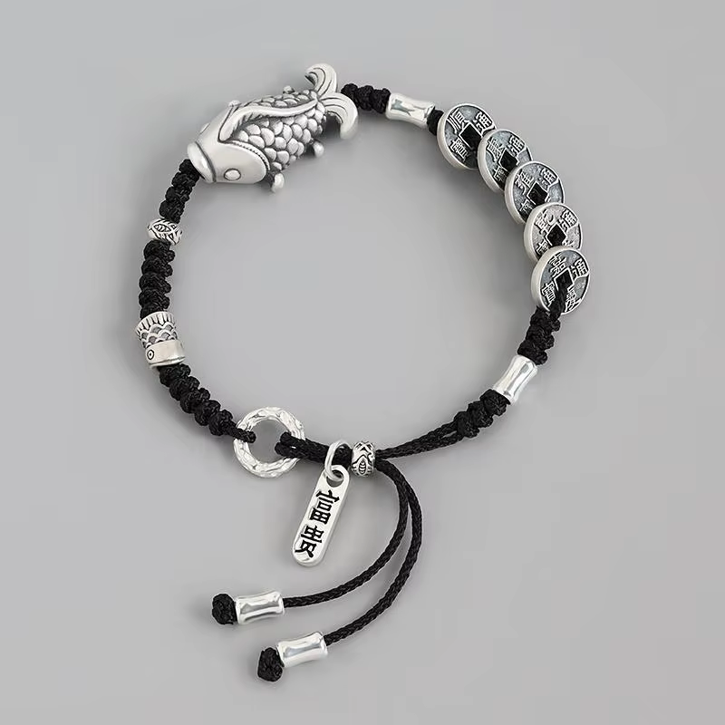 Bonne chance Koi cinq empereurs argent Bracelet garçons sûr et riche cuivre argent Fortune richesse 