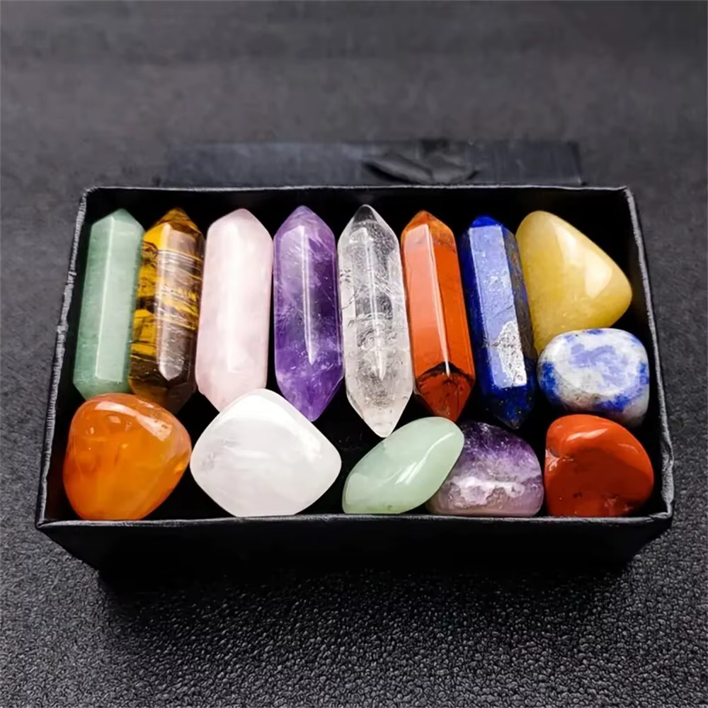 Ensemble de 14 colonnes de cristaux de chakra en pierre naturelle, colorées, pour la création de col