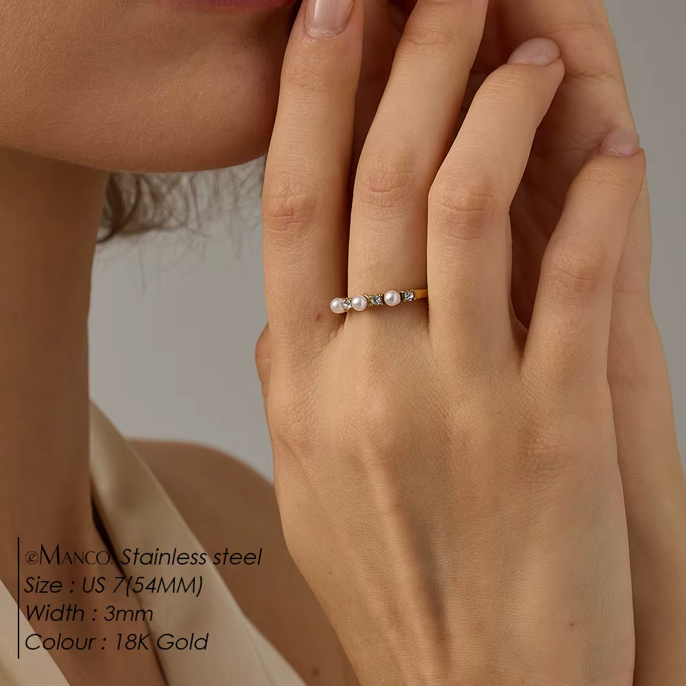 Bague en acier inoxydable 316L plaqué or 18 carats avec perle et zircon transparent, bijoux de maria