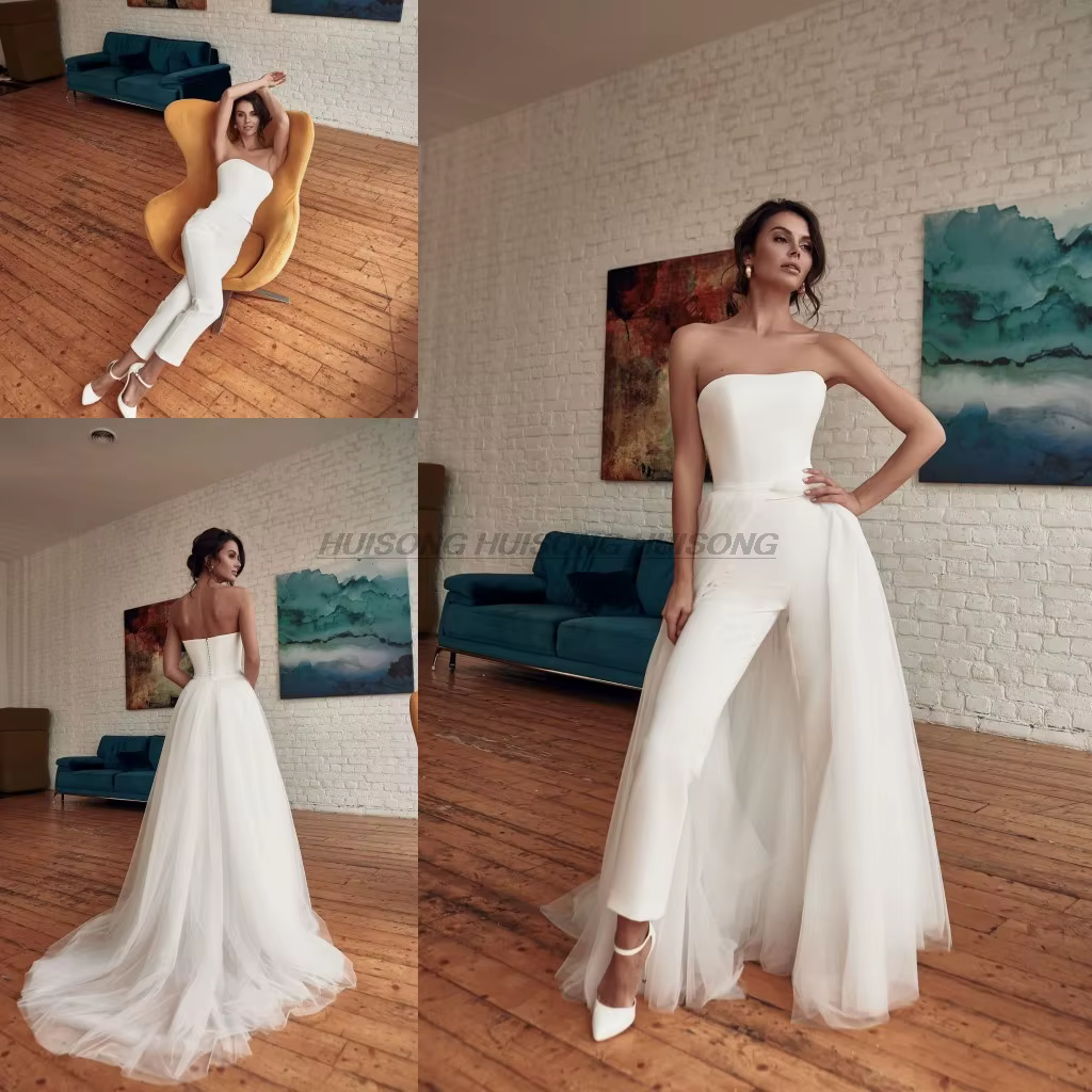 Combinaison de mariage bohémien avec traîne détachable, sans bretelles, simple, moderne, pays, extér