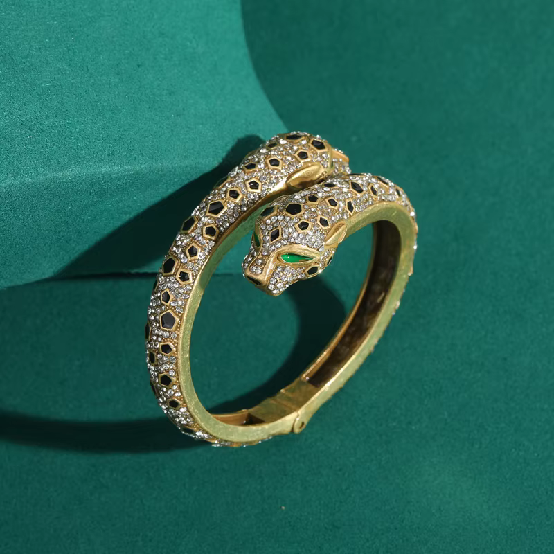 Bracelet de luxe Vintage plaqué or 18 carats, tête de léopard en cristal ouvert, Design réglable, bi