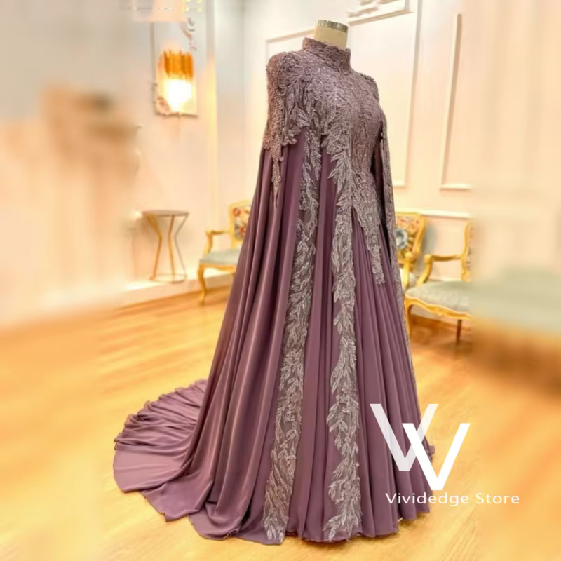 Robe de mariée musulmane violette à col montant, Kaftan, robe de mariée perlée 2026 avec châle, robe