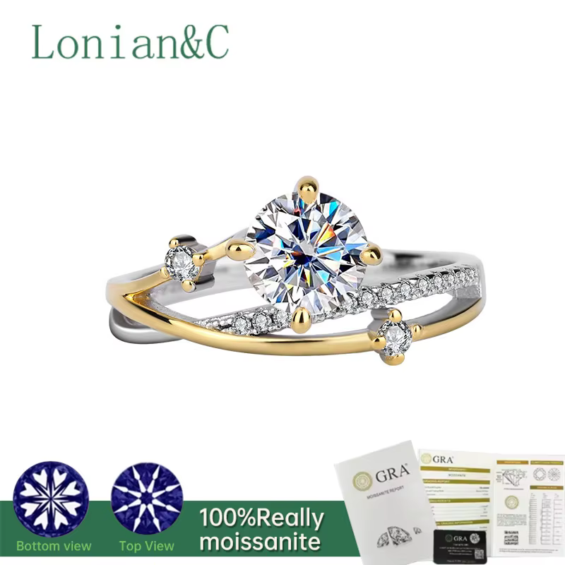 Lonian & C 1CT quatre griffes 925 en argent Sterling plaqué or anneaux avec diamant de laboratoire D