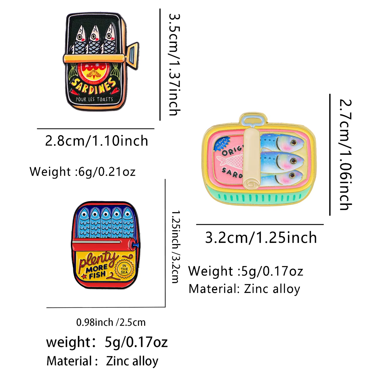 Broches émaillées en forme de poisson en conserve, sardines, pour badges de revers, accessoires de v