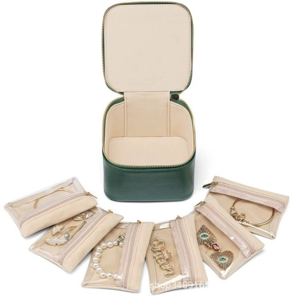 Boîte à bijoux de voyage portable grande capacité avec 6/12 petites pochettes, étui à bijoux en cuir