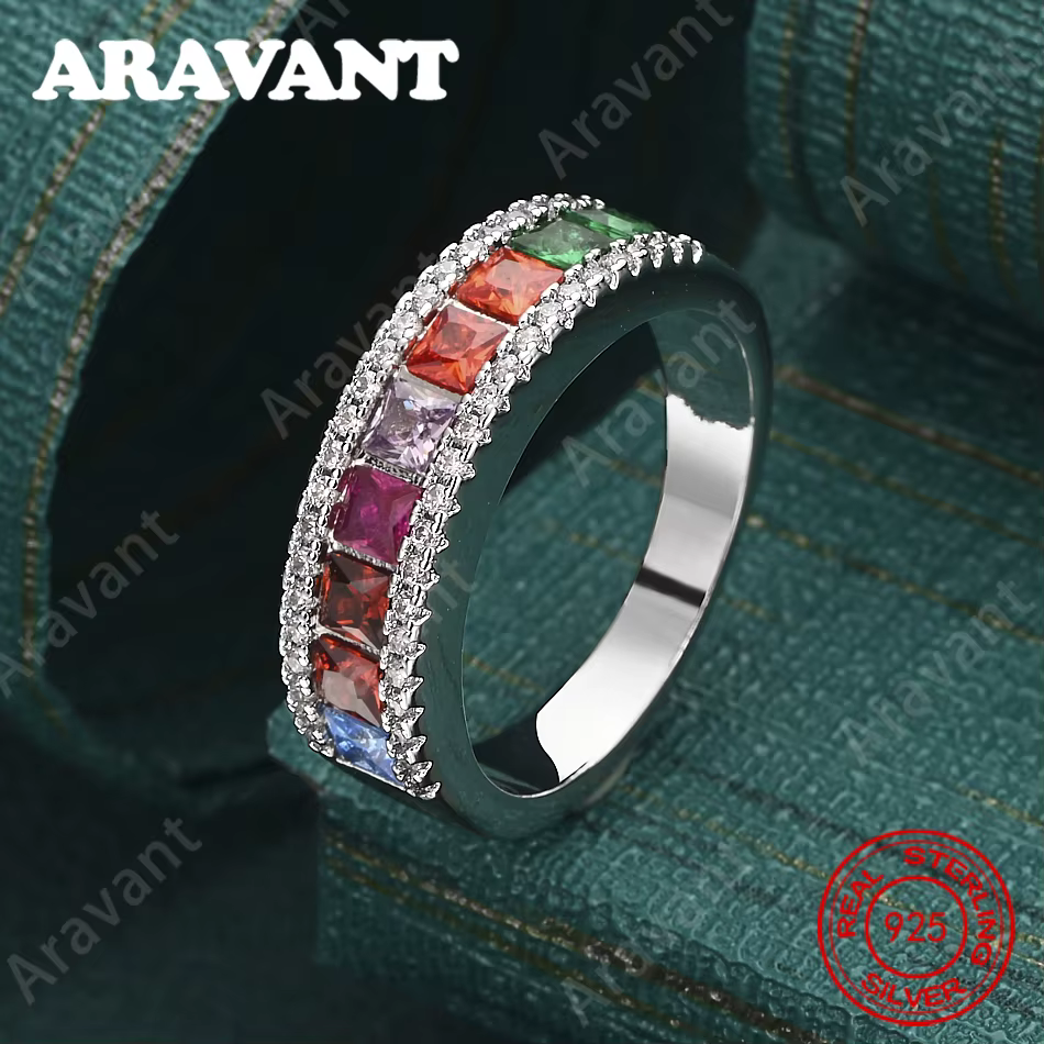 Bague ronde en argent sterling 925 avec zircone diamantée arc-en-ciel pour femme, accessoires de vil