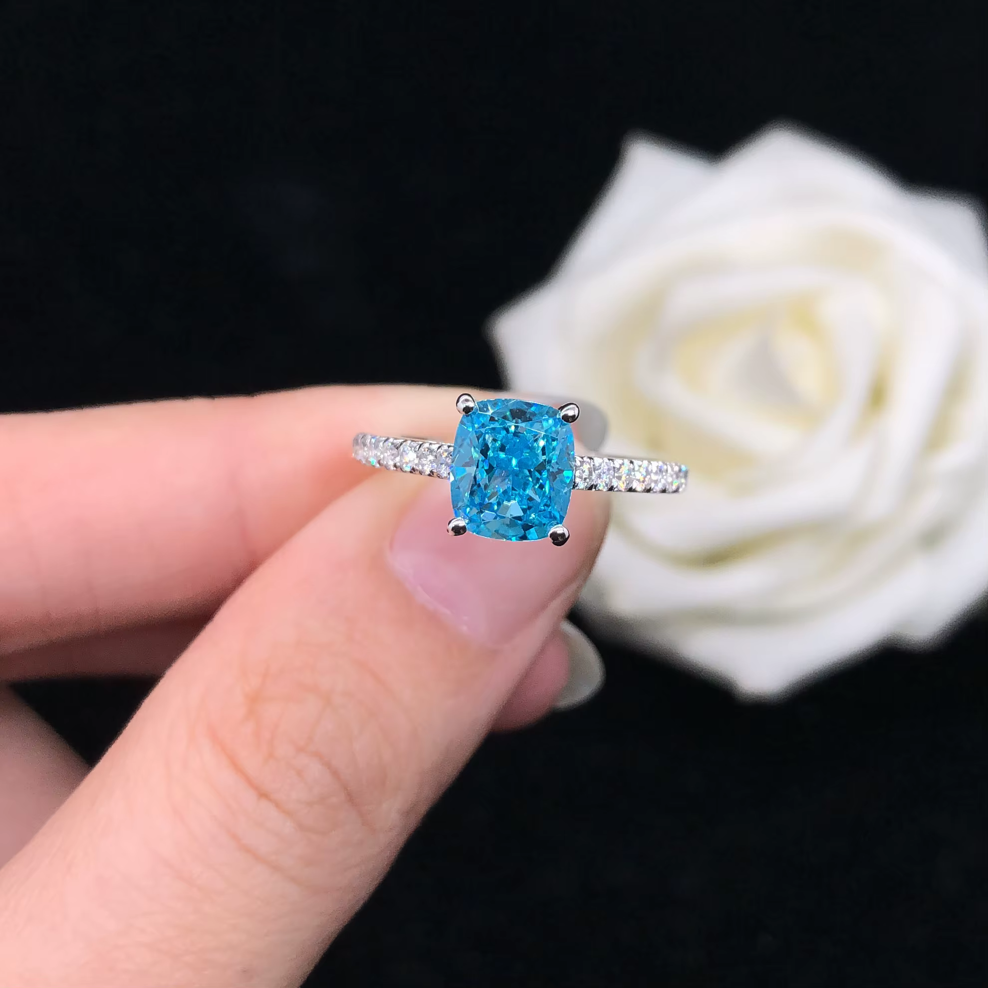 Bague de fiançailles en diamant bleu clair pour femme, or blanc 18 carats, 1,5 ct, belle bague de ma
