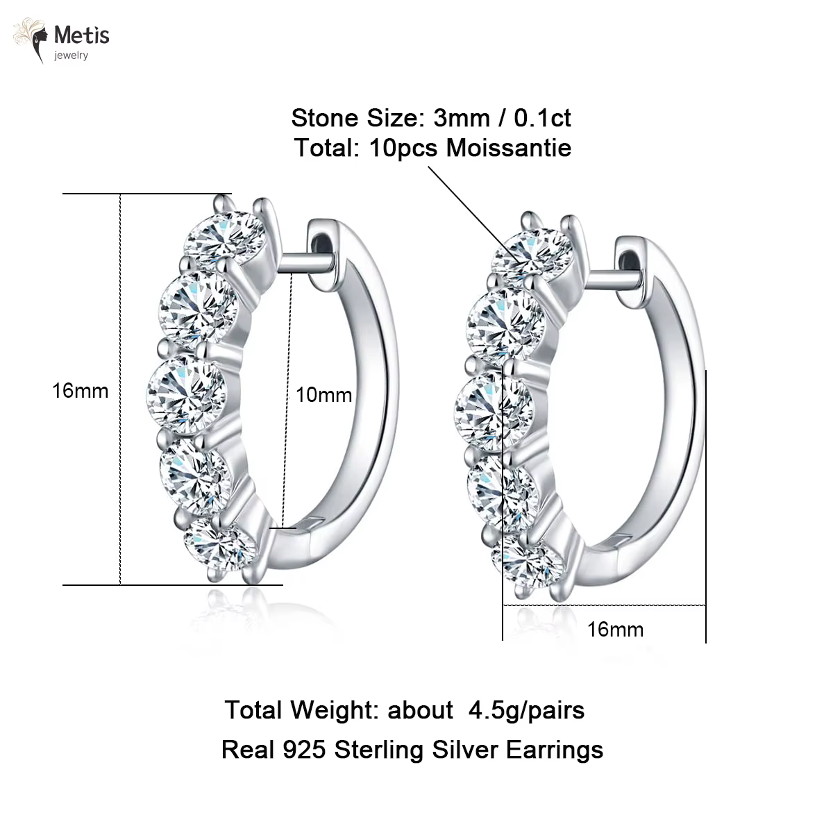 Boucles d'oreilles créoles Metis 3 carats en moissanite, plaqué platine sur argent sterling 925, ave