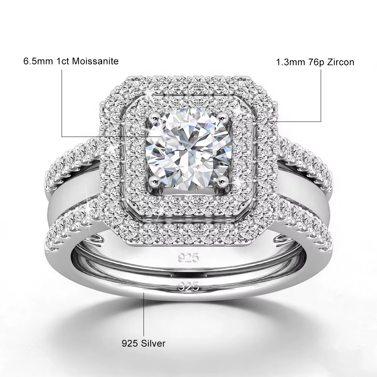 Ensemble de 2 bagues de luxe en or 14 carats avec moissanite 1 carat couleur D, double halo carré, e
