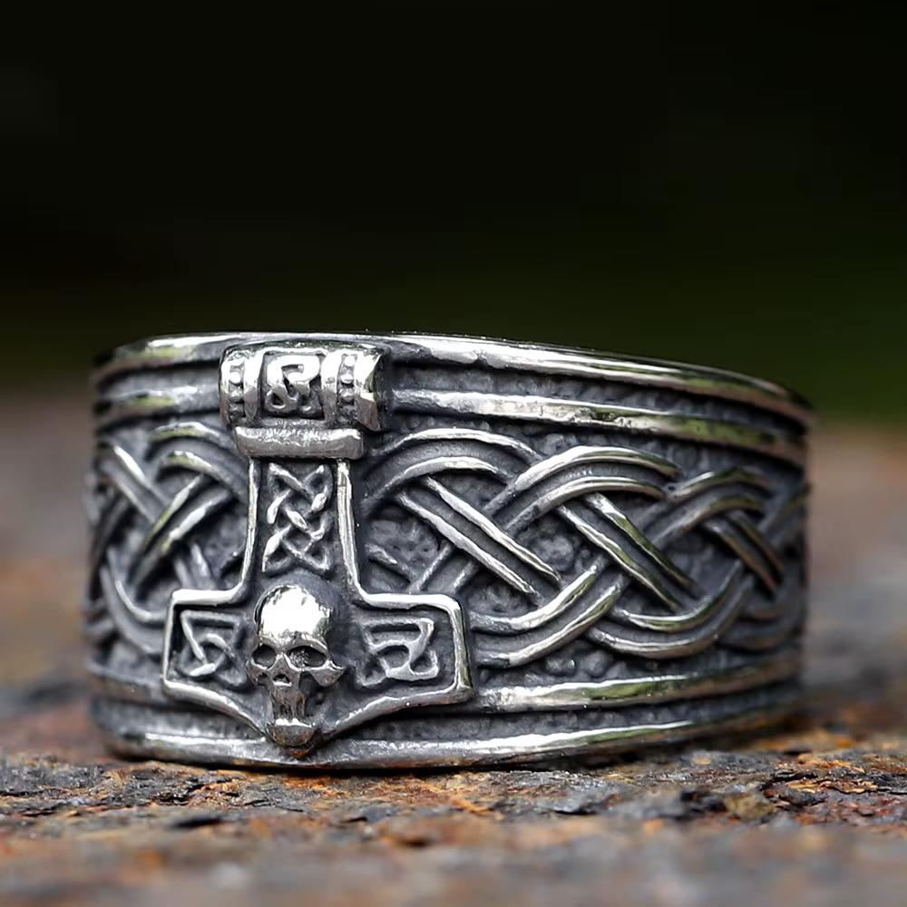 Amulette viking nordique Mjolnir, anneau marteau et crâne de Thor pour hommes et femmes, en acier in