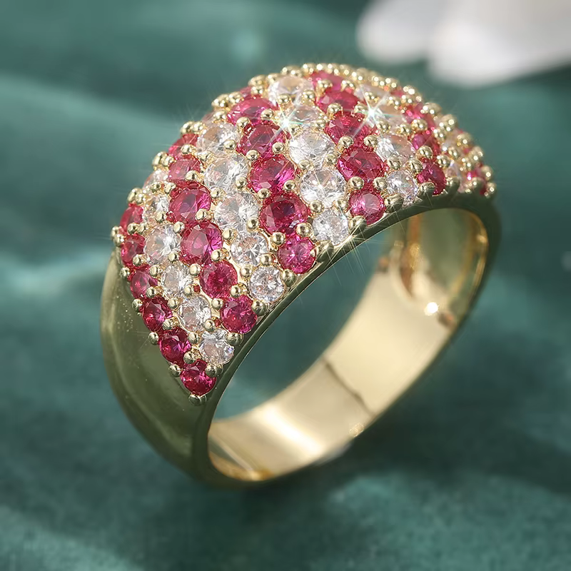 Bague Géométrique Entièrement Pavée de Zircone Synthétique Colorée pour Femme, Bijou Scintillant Ten