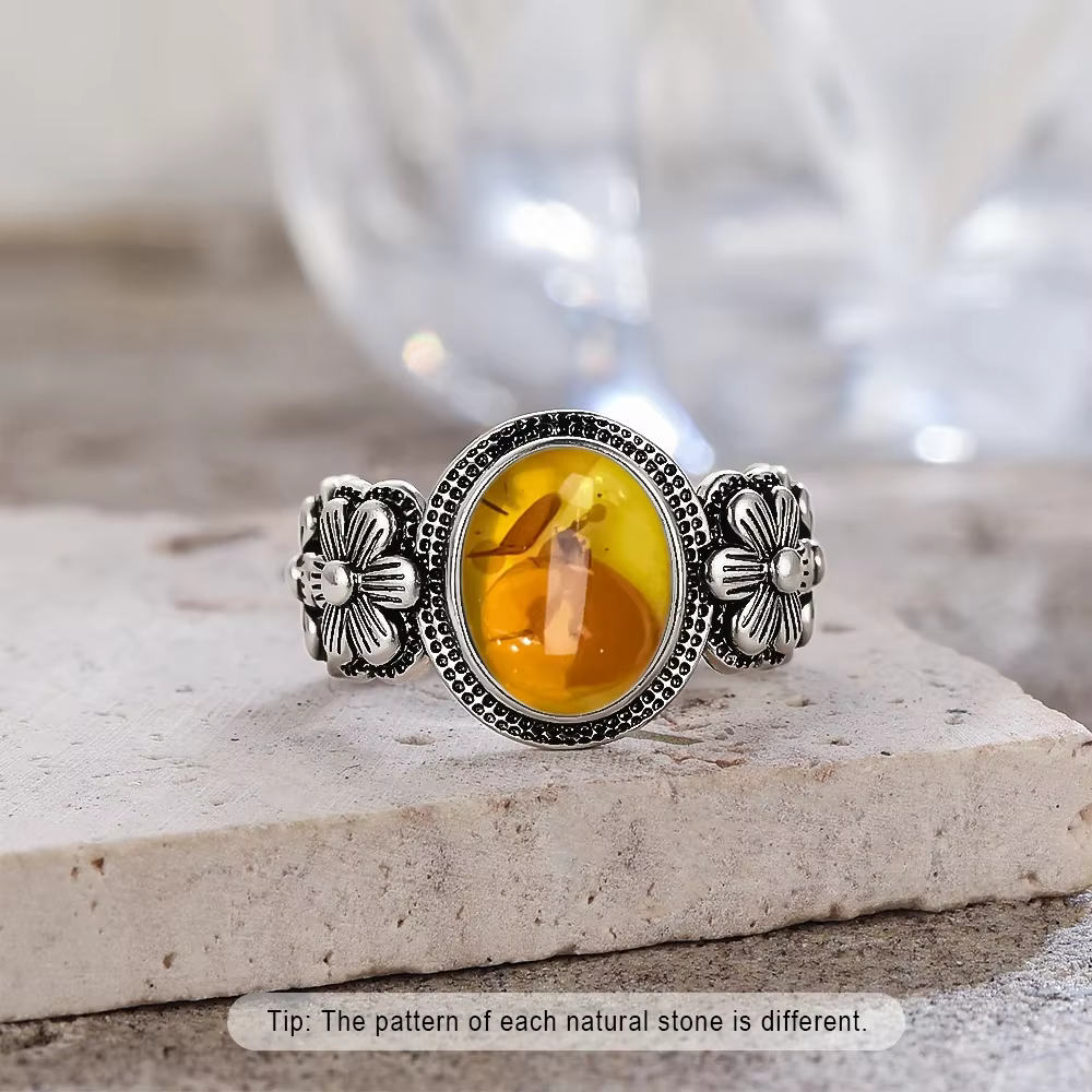 Bagues en argent Sterling 925 en pierre d'ambre naturelle, ovales rondes en forme de fleur, pétale d