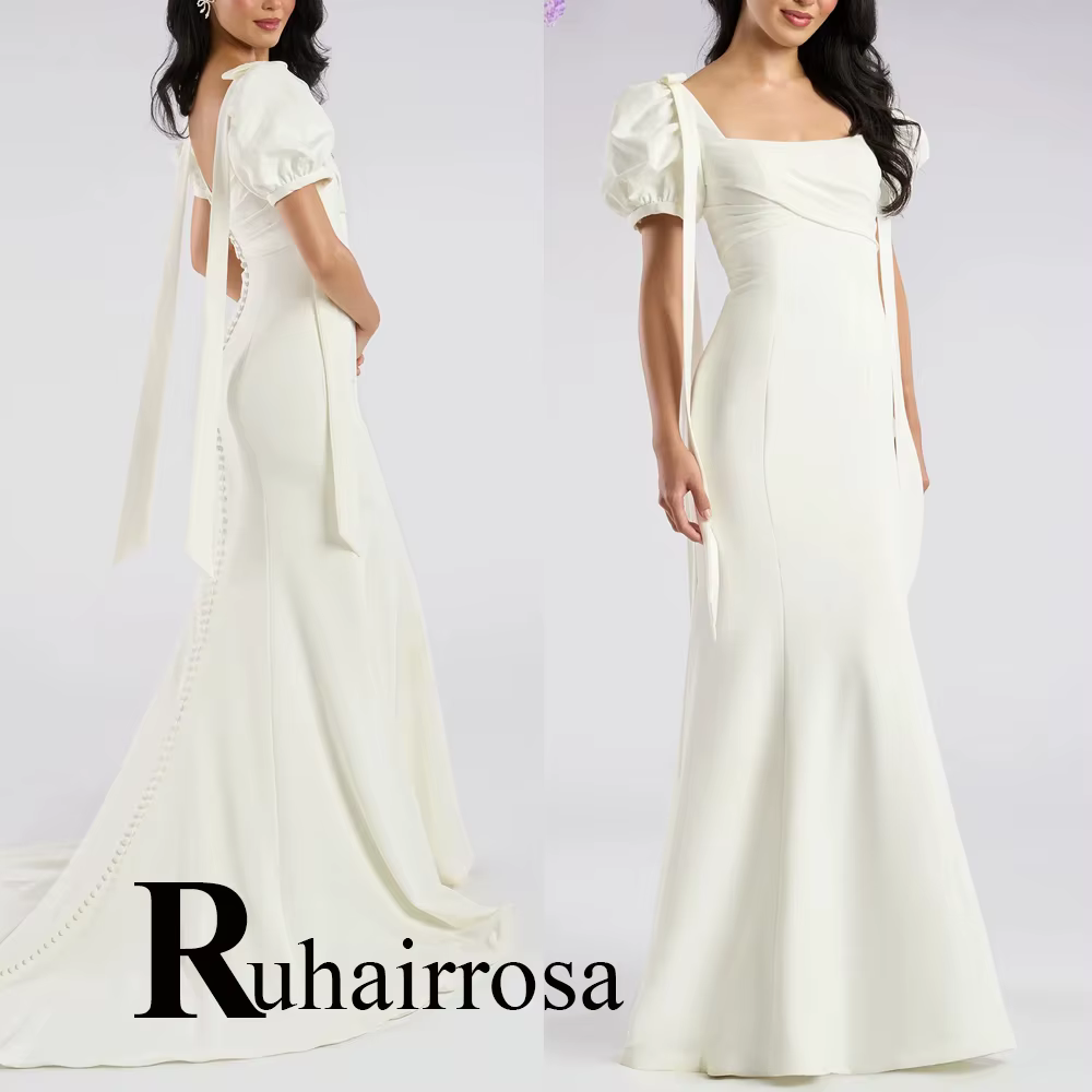 Ruhair Simple trompette robes de mariée pour mariée nœud papillon bouton Court Train manches bouffan