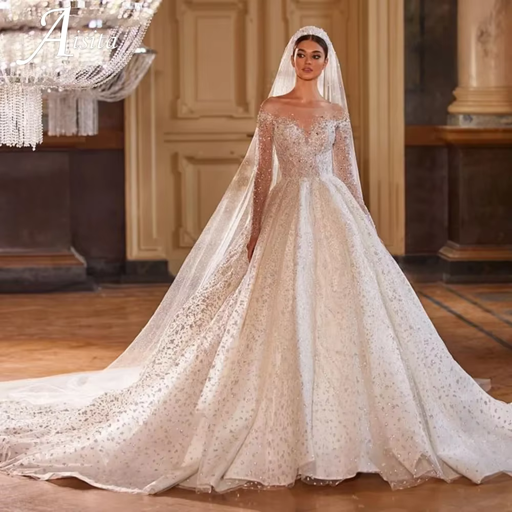 Robes De Novia brillant paillettes a-ligne manches longues robe De bal robe De mariée perles Tulle l