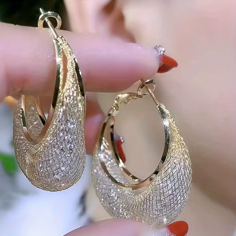 Boucles d'oreilles créoles en maille brillante pour femmes, bijoux en fer incrustés de strass, Style