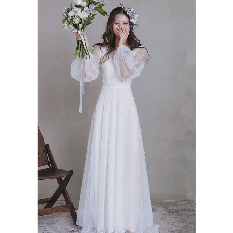 Robe de Mariée Coréenne à Manches sulf, Ligne A, Perles, Deux Pièces, Super Dégradé, Simple, Personn