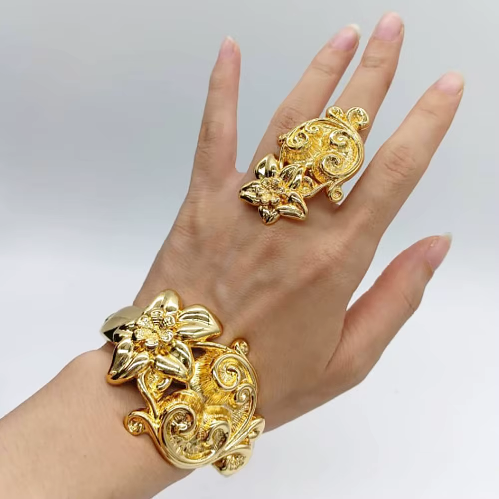 Bracelet de Dubaï avec bague pour femme plaqué or 18 carats cuivre accessoire de bijoux cadeau de fê