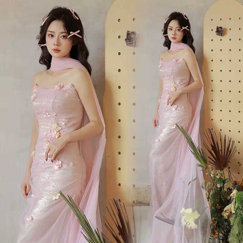 Robe de mariée à fleurs roses, sans bretelles, fraîche, amincissante, pour Toast, hôte de Banquet, r