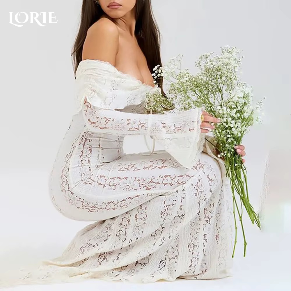 LORIE dentelle sirène robes de mariée épaules dénudées a-ligne évasée à manches longues robe de mari