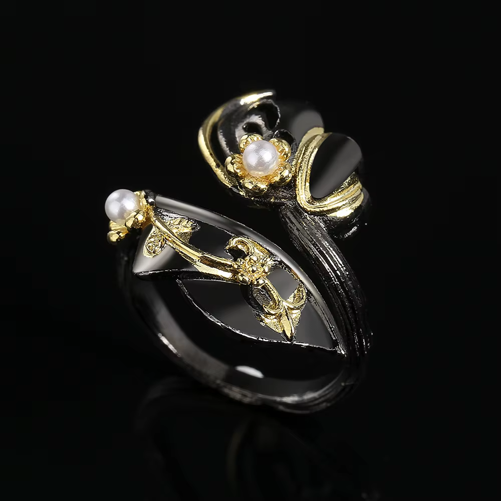 Bague élégante en or noir pour femme, bijoux en forme de cuir chevelu, bijoux en perles bicolores, h