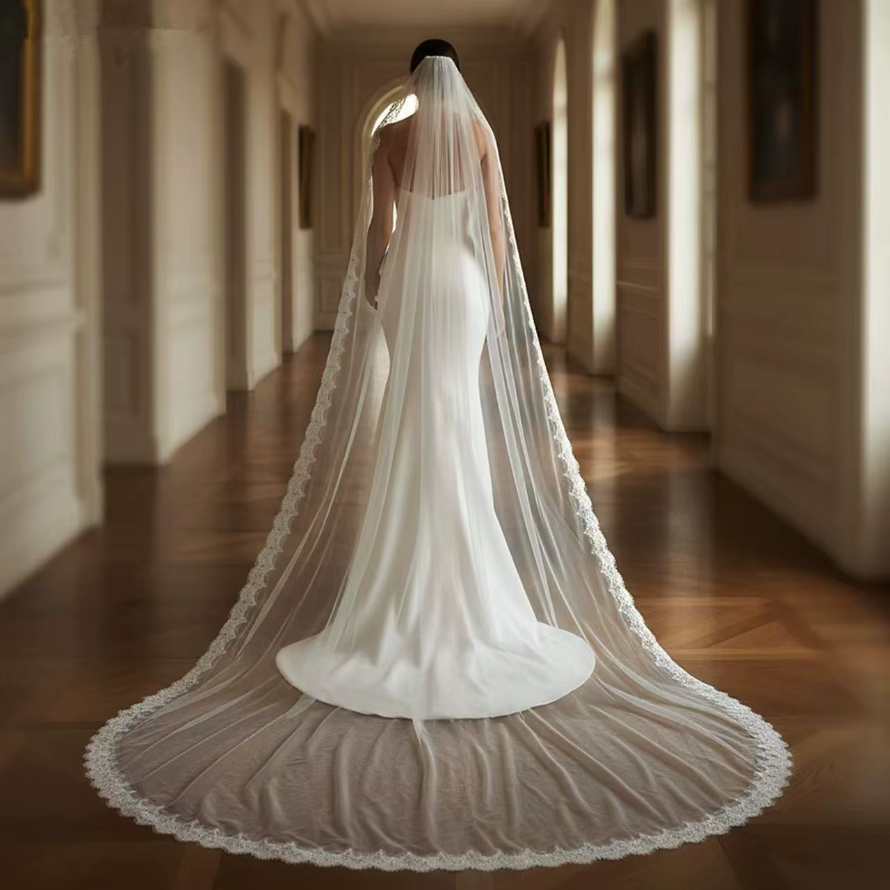 Voile de mariée élégant de 250 cm de long avec bordure en dentelle, une couche, accessoires de fête 