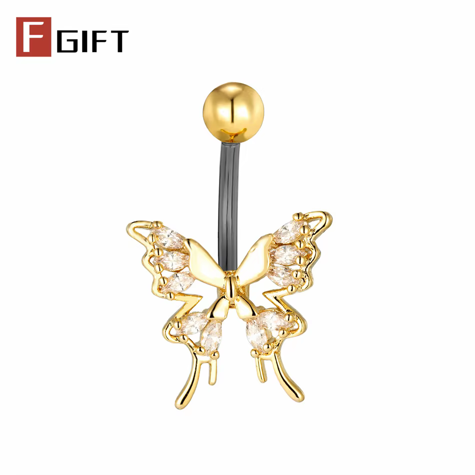 Anneaux de piercing de nombril papillon ajouré scintillant, couleur or et argent, avec zircon cubiqu