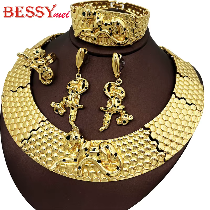 Grand ensemble de bijoux de luxe plaqué or 18 carats, collier léopard, Bracelet épais, forme animale